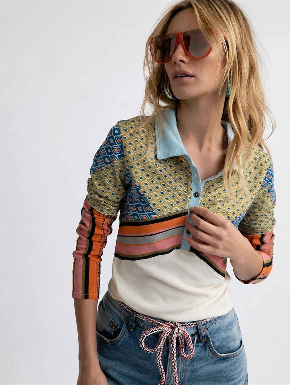 We The Free Patchwork Long Sleeve Polo Top Boho Mixed Print XL Fits M